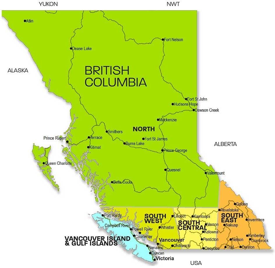 Mapa de la colúmbia britànica regions